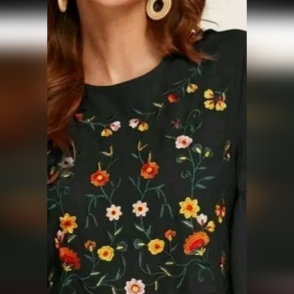 Black Floral Embroidered Swing Dress, Size XL - Picture 2 of 3